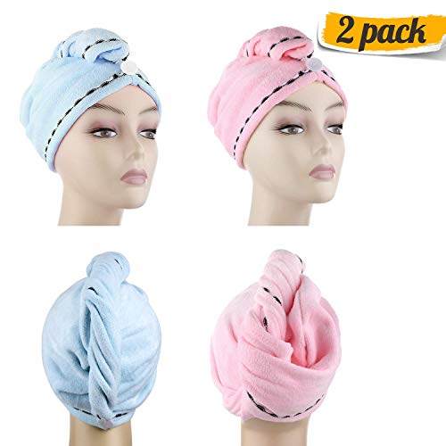 DHMAKER Toallas de Baño Turbante del Abrigo de Pelo Secado Rápido de Microfibra Suave Absorbentes de Agua Pelo Seco Capucha Bañera Ducha Toalla Turbante con Botón (Rosa + azul claro) 2 pcs