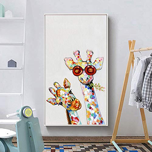Dibujos animados Animal Impresión Lienzo Pintura Manchas de colores Gafas de sol Jirafa linda Familia Amor Arte de la pared Imagen Sala de estar Dormitorio Estudio Decoración del hogar
