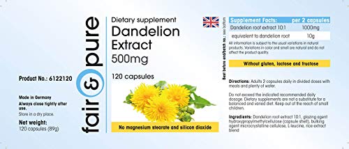 Diente de León en Cápsulas - Extracto de Diente de León 500mg - Vegano - Alta pureza - 120 Cápsulas