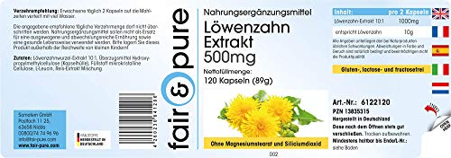 Diente de León en Cápsulas - Extracto de Diente de León 500mg - Vegano - Alta pureza - 120 Cápsulas