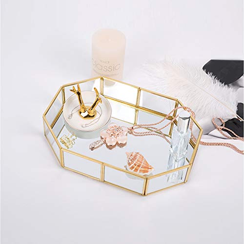 DIEYING Bandeja de espejo de cristal dorado, bandeja de perfume, bandeja para tocador de espejo, bandeja de tocador de metal poligonal, bandeja decorativa para velas,cosméticos, maquillaje, dormitorio