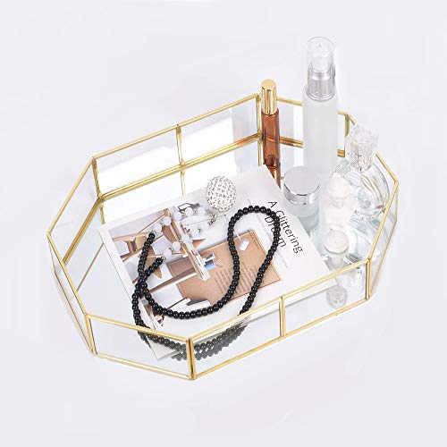 DIEYING Bandeja de espejo de cristal dorado, bandeja de perfume, bandeja para tocador de espejo, bandeja de tocador de metal poligonal, bandeja decorativa para velas,cosméticos, maquillaje, dormitorio