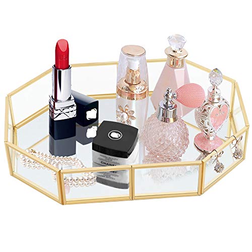 DIEYING Bandeja de espejo de cristal dorado, bandeja de perfume, bandeja para tocador de espejo, bandeja de tocador de metal poligonal, bandeja decorativa para velas,cosméticos, maquillaje, dormitorio