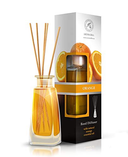 Difusor de Caña Naranja 100ml - 0% Alcohol - Set de Regalo con 8 palitos de bambú es el Mejor para Aromaterapia - Spa - Hogar - Oficina - Gimnasio - Restaurante - Boutique