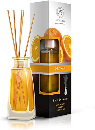 Difusor de Caña Naranja 100ml - 0% Alcohol - Set de Regalo con 8 palitos de bambú es el Mejor para Aromaterapia - Spa - Hogar - Oficina - Gimnasio - Restaurante - Boutique