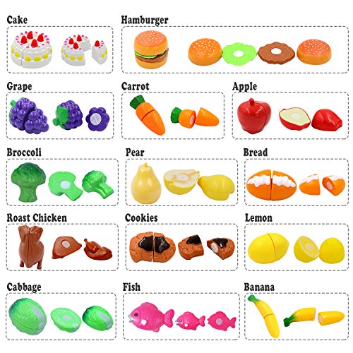 DigHealth 34 Piezas Alimentos de Juguete, Corte de Frutas y Alimentos Falsos, Cortar Frutas Verduras, Temprano Desarrollo Educación Juegos para Niños