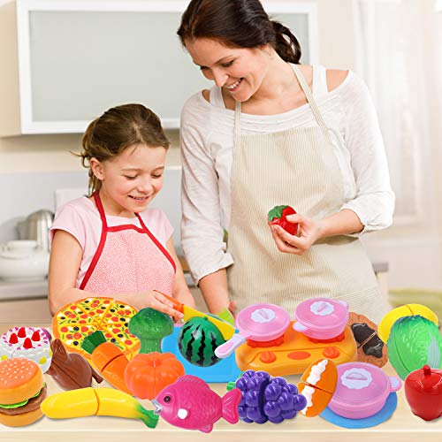 DigHealth 34 Piezas Alimentos de Juguete, Corte de Frutas y Alimentos Falsos, Cortar Frutas Verduras, Temprano Desarrollo Educación Juegos para Niños