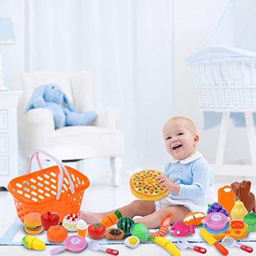 DigHealth 34 Piezas Alimentos de Juguete, Corte de Frutas y Alimentos Falsos, Cortar Frutas Verduras, Temprano Desarrollo Educación Juegos para Niños