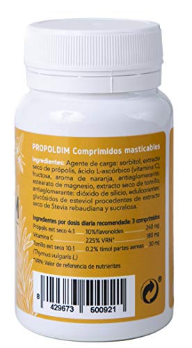 DIMEFAR - Propoldim Comprimidos Masticables - Defensas + Protección Garganta - Própolis + Tomillo + Vitamina C, Sabor Naranja, 60 Comprimidos | Infección Garganta | Dolor y Picor Garganta
