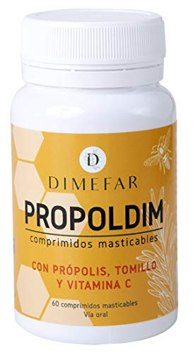 DIMEFAR - Propoldim Comprimidos Masticables - Defensas + Protección Garganta - Própolis + Tomillo + Vitamina C, Sabor Naranja, 60 Comprimidos | Infección Garganta | Dolor y Picor Garganta