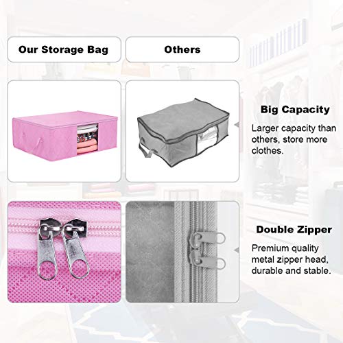 DIMJ Juego de 3 Bolsa de Almacenamiento de Ropa Gran Capacidad Bajo la Cama Organizador de Edredones con Ventana Transparente para Edredones Mantas Ropa (Rosa)