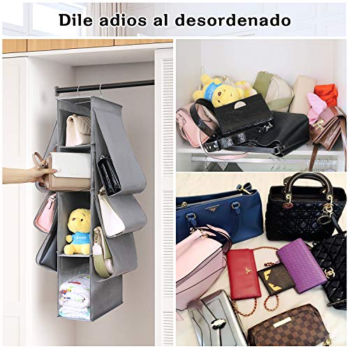 DIMJ Organizador para Armario con 10 Bolsillos, Colgador de Bolsos Plegable, Organizador de Bolsos Colgantes Multiuso con Dos Ganchos para Ropa, Bolsos, Toallas, Sombrero, Bufandas