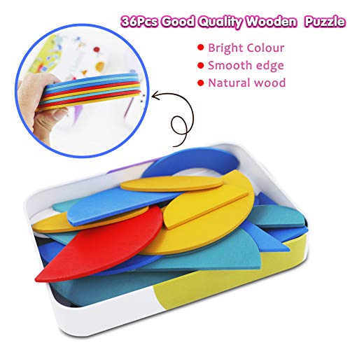 Dinfun Tangram de Madera - Montessori Shapes Puzzle de Madera Juguetes Montessori Juegos Educativos Regalos para Niños 3 4 5 Años( 60 Cartas de Patrones)