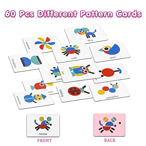 Dinfun Tangram de Madera - Montessori Shapes Puzzle de Madera Juguetes Montessori Juegos Educativos Regalos para Niños 3 4 5 Años( 60 Cartas de Patrones)