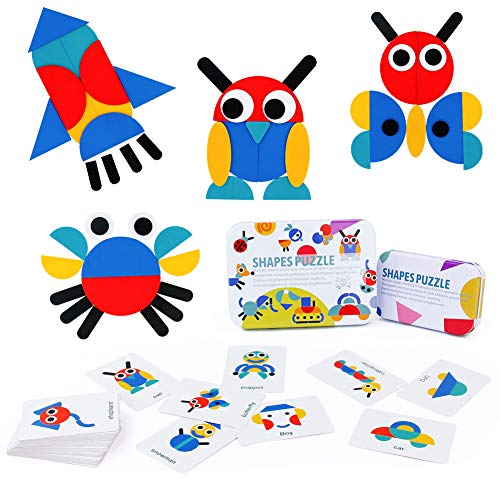Dinfun Tangram de Madera - Montessori Shapes Puzzle de Madera Juguetes Montessori Juegos Educativos Regalos para Niños 3 4 5 Años( 60 Cartas de Patrones)
