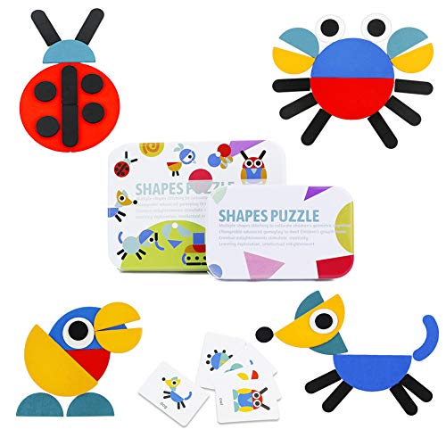 Dinfun Tangram de Madera - Montessori Shapes Puzzle de Madera Juguetes Montessori Juegos Educativos Regalos para Niños 3 4 5 Años( 60 Cartas de Patrones)