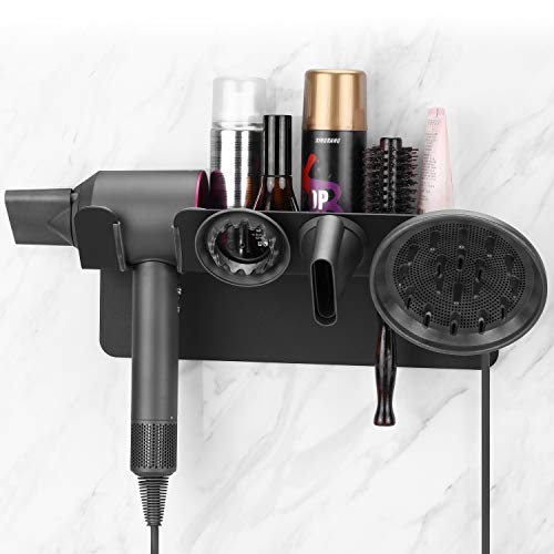 DingGreat Soportes para secadores de Pelo, Soporte para secador de Pelo para Dyson Supersonic Hair Dryer, difusor y Dos boquillas (Negro)