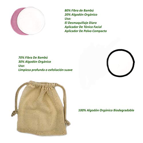 Discos Desmaquillantes, 16 Discos Desmaquillantes Reutilizables Hecho De Fibra Bambu y Algodon Con Bolsa De Lavado, Discos Desmaquillantes Reutilizables Ecologicos, Apto Para Todo Tipo De Pieles