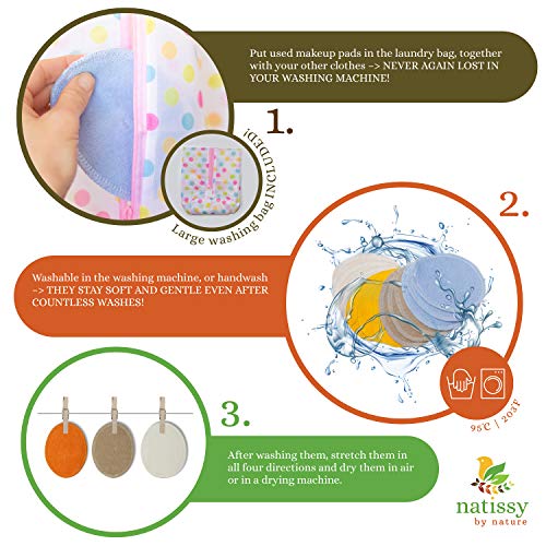 Discos Desmaquillantes Lavables Natissy de Bambú Bio, 12 Almohadillas Desmaquilladores Reutilizables HECHAS EN LA UE; Toallitas de Maquillaje para Todo Tipo de Pieles; Bolsa de Lavandería y Almacenar