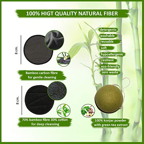 Discos Desmaquillantes Reutilizables Ecológicos Y Lavables, 6 De Carbón De Bambú, 6 De Tela De Bambú Y Algodón, Paño Para Limpiar La Cara Y Los Ojos, Esponja Konjac Suave, Exfoliante.