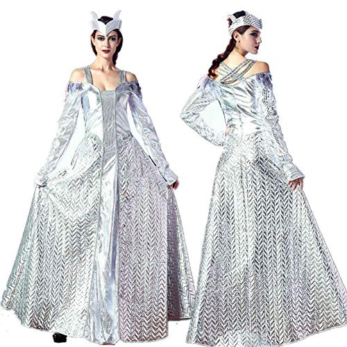 Disfraz De Ángel Negro para Mujer Cosplay, Carnaval Y Halloween - Vestido Silver Queen De Manga Larga con Tocado,Plata,A