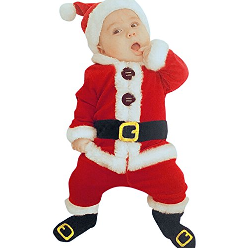 Disfraz Navidad Bebe Niña Niño Fossen 4PCS Conjunto de Ropa Papá Noel Tops+Pantalones + Sombrero + Calcetines (0-6 Meses, Rojo)