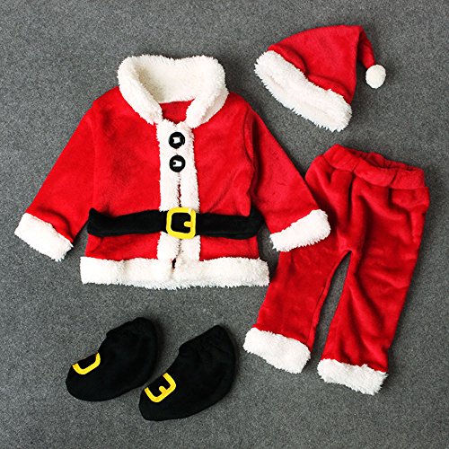 Disfraz Navidad Bebe Niña Niño Fossen 4PCS Conjunto de Ropa Papá Noel Tops+Pantalones + Sombrero + Calcetines (6-12 Meses, Rojo)