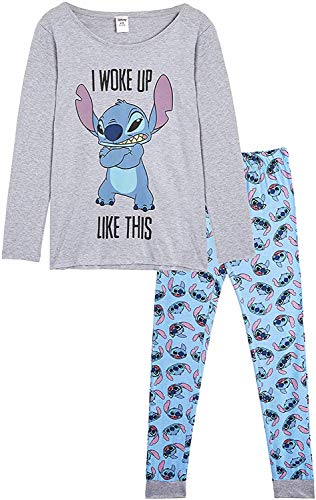 Disney Lilo y Stitch Pijama Mujer Invierno, Pijamas De 2 Piezas Camisetas Mujer Manga Larga Y Pantalón con Personaje Stitch, Ropa De Dormir Algodón Tallas 36-46, Regalos para Chicas (S)