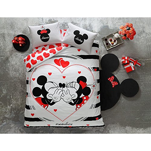 Disney Minnie & Mickey Día de San Valentín AMOUR SO IN LOVE Juego de funda nórdica, 100% algodón, tamaño doble, 4 piezas