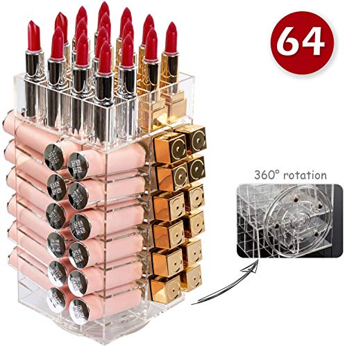 Display4top Pintalabios Organizador De Cosméticos Soporte De Almacenamiento Torre 360-Degree Rotating 64 Lipstick Tower Organizer con separadores extraíbles