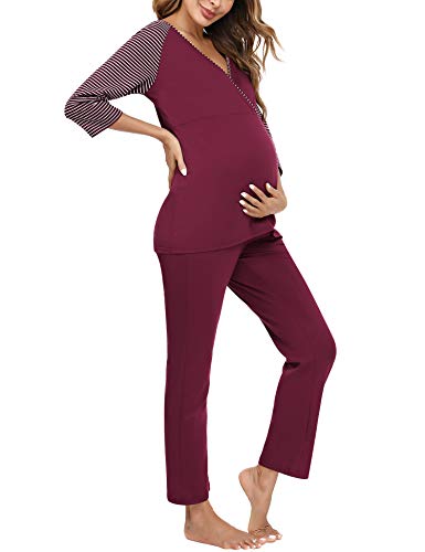 Doaraha Conjunto de Pijamas de Maternidad y Enfermería para Mujer Rayas Manga Media Pijama Premamá Lactancia Camiseta y Pantalones Algodón Embarazo Ropa de Dormir (Rojo, M)