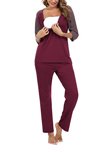 Doaraha Conjunto de Pijamas de Maternidad y Enfermería para Mujer Rayas Manga Media Pijama Premamá Lactancia Camiseta y Pantalones Algodón Embarazo Ropa de Dormir (Rojo, M)