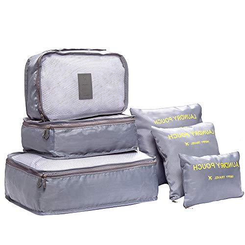 DoGeek Organizador de Equipaje 6 en 1 Set Viaje con Bolsa de Zapato, Impermeable Organizador de Maleta Bolsa para Ropa Sucia de Viaje, Material Nylon (Gris)