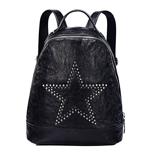 DonDon Mujeres Mochila de Piel PU con Remaches Estrella Negro