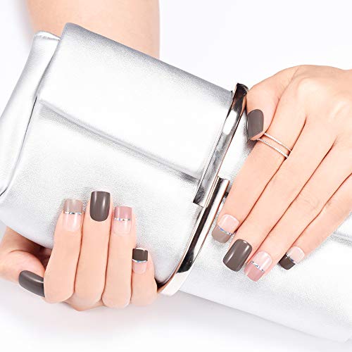 Doreliss Uñas postizas, uñas a presión, 30 piezas de uñas postizas cuadradas brillantes de cubierta completa, uñas reutilizables con cintas de uñas Gris para mujeres y niñas
