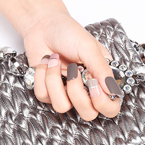 Doreliss Uñas postizas, uñas a presión, 30 piezas de uñas postizas cuadradas brillantes de cubierta completa, uñas reutilizables con cintas de uñas Gris para mujeres y niñas