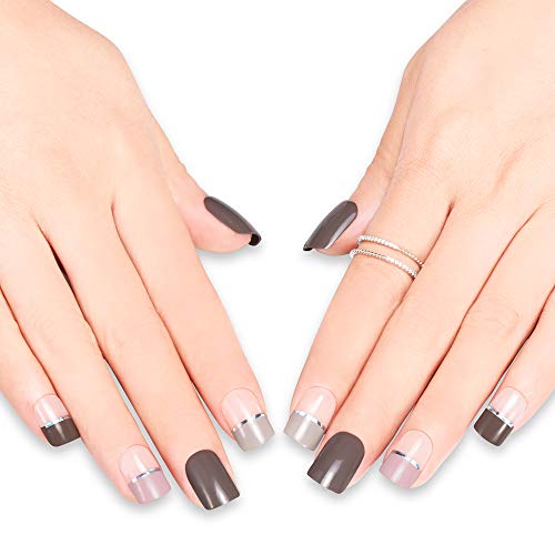 Doreliss Uñas postizas, uñas a presión, 30 piezas de uñas postizas cuadradas brillantes de cubierta completa, uñas reutilizables con cintas de uñas Gris para mujeres y niñas