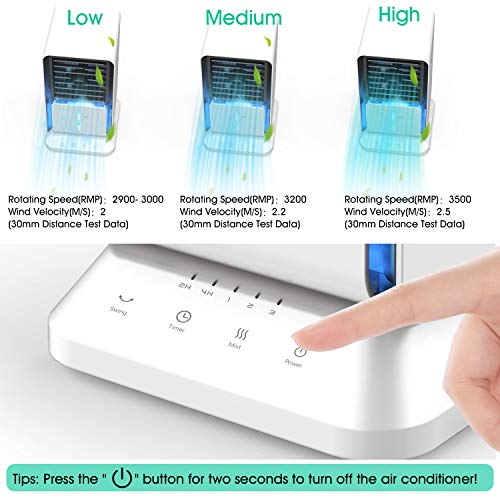 DOUHE Aire Acondicionado Portátil, Mini Enfriador de Aire, 4 en 1, Humidificador,Purificador, Ventilador Silencioso, 3 Velocidade, 90 ° oscilación, Perfecto para Trabajo y Hogar