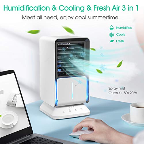 DOUHE Aire Acondicionado Portátil, Mini Enfriador de Aire, 4 en 1, Humidificador,Purificador, Ventilador Silencioso, 3 Velocidade, 90 ° oscilación, Perfecto para Trabajo y Hogar