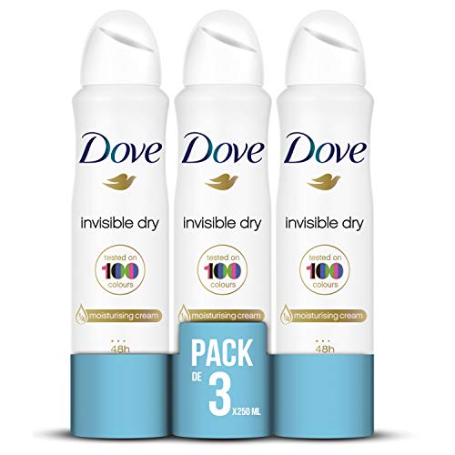 Dove Invisible Dry Desodorante Antitranspirante Aerosol Antimanchas en 100 colores 0% Alcohol - 250 ml, Pack de 3