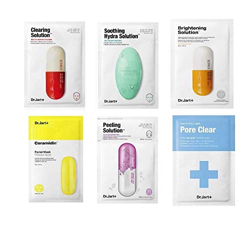 DR JARTskincare Dr. Jart Mask Sheet - Juego de 6 unidades variadas con máscara para poros y máscara iluminadora en un paquete para regalo