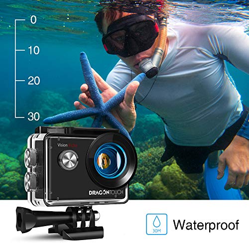 Dragon Touch Cámara Deportiva WiFi 4K 20MP Cámara de Acción con Control Remoto Mic Externo EIS 170°Gran Angular Cámara Sumergible Acuática 30m Impermeable 2 Baterías Multi Accesorios (Vision 4 Lite)