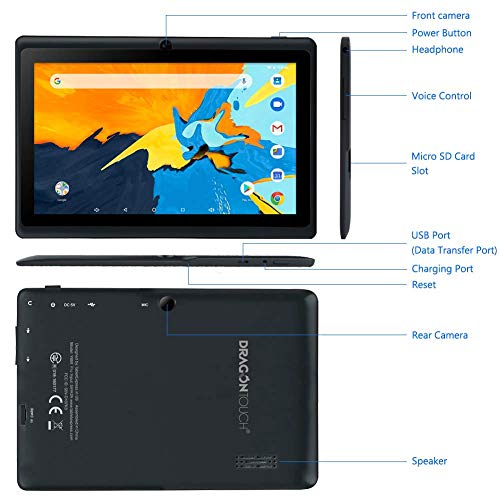 Dragon Touch Y88Y Pro Tablet 7 Pulgadas 1024x600 FHD IPS WiFi Bluetooth Tablet Android 9.0 Procesador Quad-Core RAM de 2GB 16GB de Memoria Interna Doble Cámara Negro