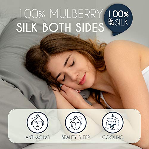 Dreamzie 1x Funda de Almohada Seda 40x80cm, Blanco, 19 Momme - 100% Seda de Morera Doble Lado - Vendido por Unidad - Fundas Cojines con Beneficios para el Pelo y la Piel - Antiarrugas - Antiacaros