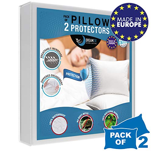 Dreamzie - Juego de 2 Fundas de Almohada Impermeables 40 x 70 cm - 100% Algodón Oeko-Tex® - Protectores de Almohada Transpirable, Hipoalergénica, Anti-Acaros, Anti-Bacteriana - Garantía 10 años