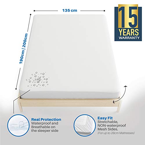 Dreamzie - Protector de Colchón 135 x 190/200 cm Impermeable - Tela 100% Algodón Oeko Tex - Cubre Colchón Hipoalergénico, Anti-Bacteriano, Anti-Acaros - Elásticos de hasta 28cm - Made in EU