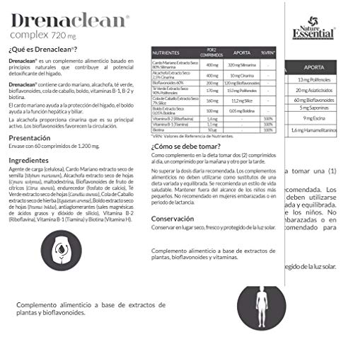 Drenaclean® 720 mg 60 comprimidos con cardo mariano, alcachofa, bioflavonoides, té verde, cola de caballo, boldo, vitamina B-2, B-1 y Biotina.