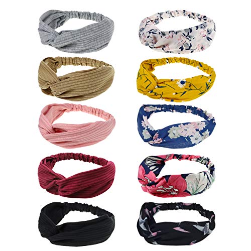 DRESHOW Boho Diademas para Mujeres Flor Vintage Impreso Criss Cross Anudado Elástico Banda para el Cabello Stretchy Head Wrap Twisted Accesorios para el Cabello Lindo Paquete de 10