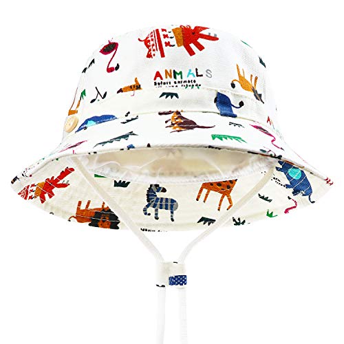 DRESHOW - Gorro para bebé para protegerlo del sol, unisex, con correa para la barbilla, UPF 50+ Blanco Animales Marfil