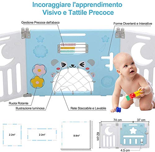 Dripex Parque para Bebés, Corralito Bebe, Centro de Actividades para Niños, Patio de Juegos de Seguridad Hogar Interior Exterior de 0 a 6 Años, Plegable 12 + 2 paneles, Azul-blanco